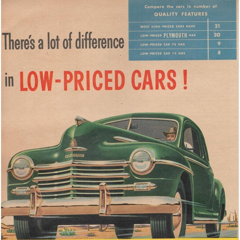 1947 Plymouth Sedan Vintage Print Ad Mid Century Automobile Decor Chrysler
